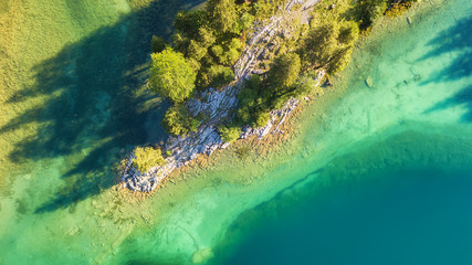 Aerial view on the lake and forest. Natural landscape from drone. Aerial landscape from air in the Switzerland