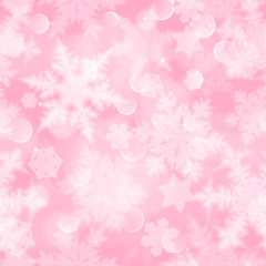 Wall Mural - Christmas seamless pattern with white blurred snowflakes, glare and sparkles on pink background