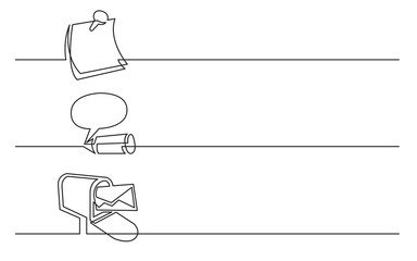 banner design - continuous line drawing of business icons: note, opinion, mail box letter