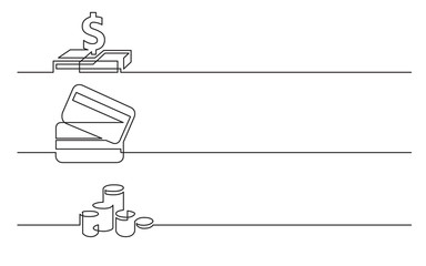 Wall Mural - banner design - continuous line drawing of business icons: dollar sign, credit cards, money coins