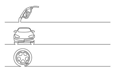 Wall Mural - banner design - continuous line drawing of business icons: gas nozzle, car, wheel