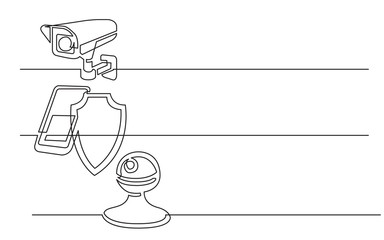 Wall Mural - banner design - continuous line drawing of business icons: outdoor camera, phone security, home web 