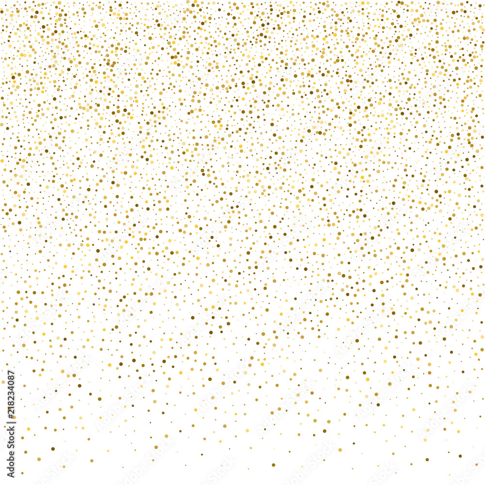 Vector glitter background. Cute small falling golden dots. Sparkle background. Glitter sparkle confetti texture. New year celebration invitation card template with luxury stardust. Gold chridtmas card - obrazy, fototapety, plakaty 
