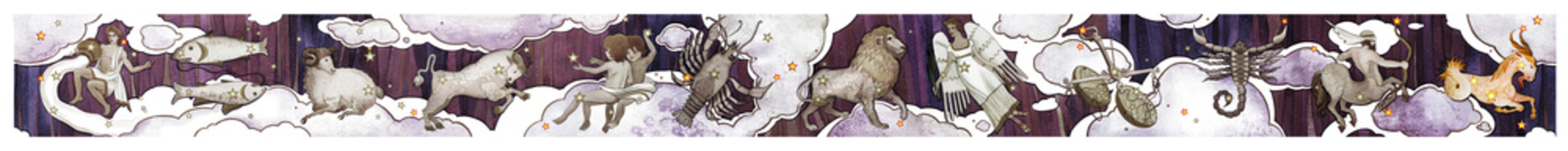 Wall Mural - Set of twelve signs of the zodiac with main Capricorn, watercolor in retro style in line design. Isolated on a dark  pattern background
