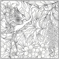 Flamingo in fantasy flower garden. Outline hand drawing. Good for coloring page for the adult coloring book. Stock vector illustration.