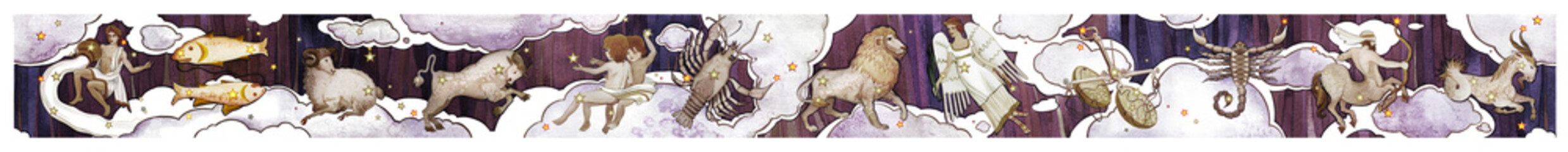 Wall Mural - Set of twelve signs of the zodiac with main Pisces, watercolor in retro style in line design. Isolated on a dark  pattern background