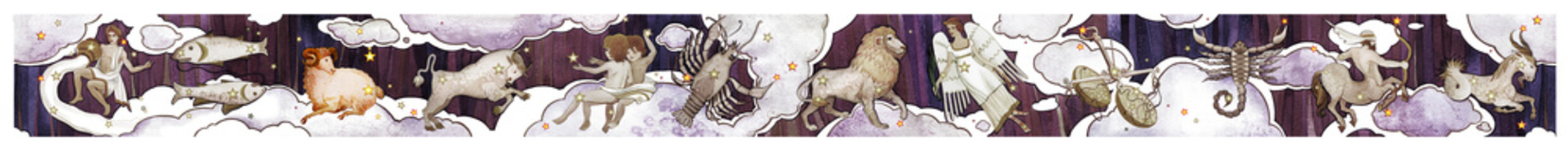 set of twelve signs of the zodiac with main aries, watercolor in retro style in line design. isolate