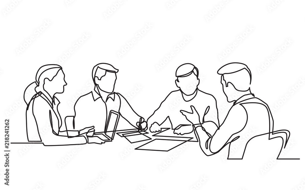 continuous line drawing of office workers at business meeting - obrazy, fototapety, plakaty 