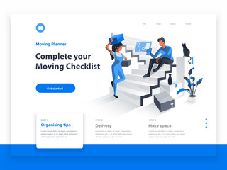 Happy couple moving house together planning online with a tablet and interface standing near the stairs with boxes on the background. Landing page template. 3d isometric illustration