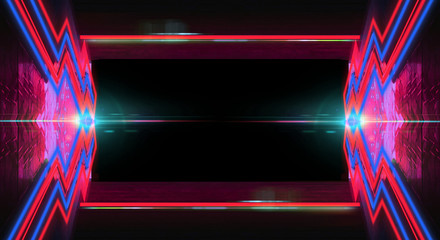 Background of an empty black corridor with neon light. Abstract background with lines and glow