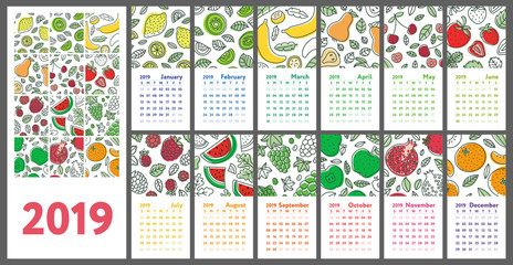 Wall Mural - Calendar 2019. Vector English calender. Hand drawn. Fruits, berries. Lemon, kiwi, banana, pear, cherry, strawberry, raspberry, watermelon, grapes, apple, pomegranate and mandarin. Doodle sketch