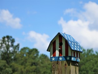 An American flag design on the bird house is on the wooden pole, soft focus back ground of trees and blue sky with white clouds, July 4th,2018 in GA USA.