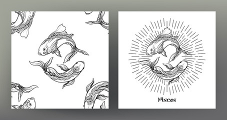 pisces, fish. set of zodiac sign illustration on the sacred geometry symbol pattern and seamless pat