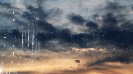 Wall Mural - digital data cyberspace sphere with lines, dots on artistic slow motion sunset clouds time lapse bac