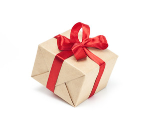 gift box with red ribbon bow, isolated on white background