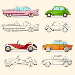 Collection with retro car in cartoon style. Color and black outline retro auto. Classic car drawn set.