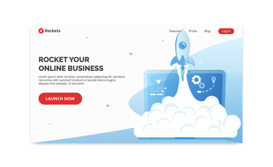 Wall Mural - Launch rocket startup online business website template. Web landing page header homepage layout site ui interface