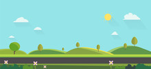 Nature Landscape Background. Cute Flat Design.Green Hills With Blue Sky.Public Park With Nature And Street.Vector Illustration