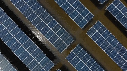 Wall Mural - Aerial view over solar panel for generate electricity in solar energy farm, shot by 4K resolution drone.	