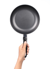 hand holding Frying pan isolated on white background