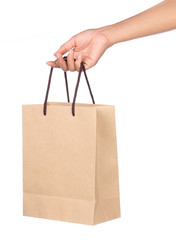 hand holding Brown Shopping Bag with Handles Isolated on White Background.