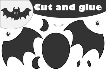 Bat cartoon style, halloween education game for the development of preschool children, use scissors and glue to create the applique, cut parts of the image and glue on the paper, vector illustration