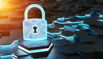 Fototapete - Black blue orange padlock icon on hexagons background 3D rendering