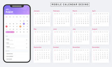 Monthly calendar app in smartphone, mobile calendar design on white background.