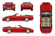Red Convertible Car Vector Mockup On White For Vehicle Branding, Corporate Identity. View From Side, Front, Back, And Top. All Elements In The Groups On Separate Layers For Easy Editing And Recolor