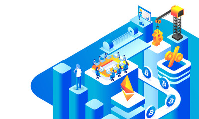 Wall Mural - isometric view of cryptocurrency exchange platform with illustration of people working together, ana