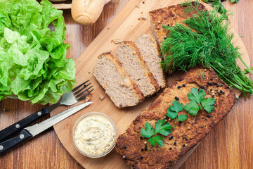 Canvas Print - Traditional delicious meat pate with chicken liver on cutting board