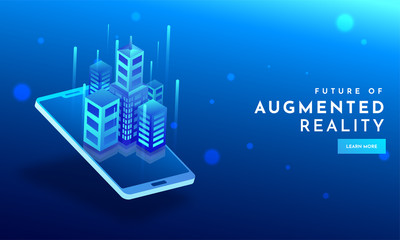Wall Mural - skyscrapers illustration on smartphone screen with abstract elements on shiny blue background for au