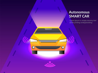 Poster - Futuristic technology concept with illustration of smart car on road between digital rays on purple background.