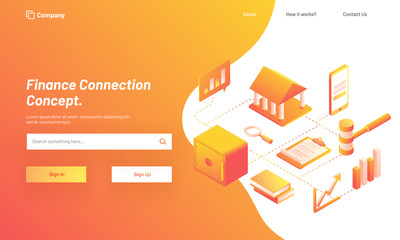 Poster - Finance Connection Concept, Isometric design for responsive web template with illustration of banking system, services with smartphone.