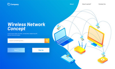 Canvas Print - wireless network concept based landing page design with isometric illustration of multiple digital e