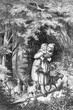 © acrogame - Vintage engraving, walk in the woods, mother, girl and four small  goatlings