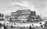 Vintage print of the garden pavilion ofthe Philadelphia world fair 1876 , the Centennial International Exhibition, first world fair in United States, historical Expo at Fairmount Park in Philadelphia