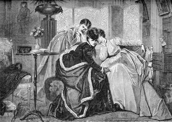 vintage engraving, two women speak confidentially and a secret is shared talking into the friend's e