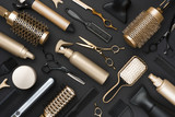 Fototapeta  - Full frame of professional hair dresser tools on black background