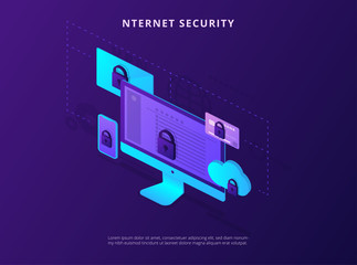 Internet security. Landing page template with isometric devices.