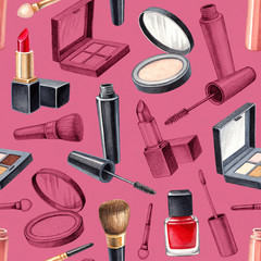 Illustrations of make up products. Hand drawn cosmetics set. Seamless pattern