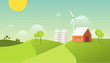 Eco village illustration. Organic farming concept. Modern flat design style. Barn house on the field with windmill and tractor.