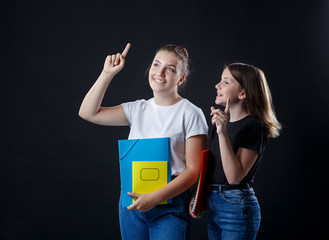 School colledge teenagers girls with stationary books notebooks with new idea, concept