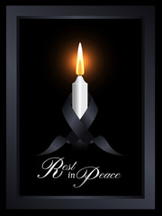 Wall Mural - mourning symbol with black ribbon around white candle light in frame on black background vector desi