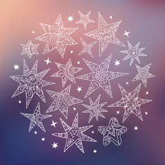 Wall Mural - banner with a doodle stars on blurry background. vector templates for invitations, postcards, cards.