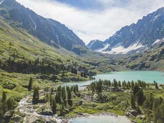 Wall Mural - Kuiguk valley. Lake and waterfall. Altai mountains. Russia