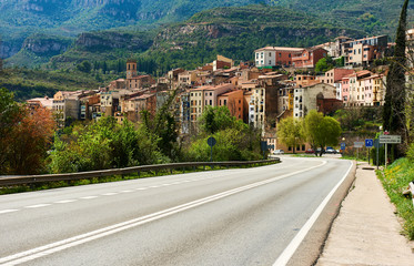 Canvas Print - Road leading to the town of Monistrol de Montserrat. Catalonia. Spain