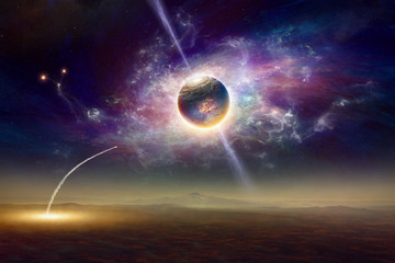 Wall Mural - sci-fi background - space shuttle taking off, aliens planet and twisted galaxy