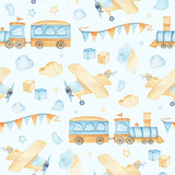 Watercolor seamless pattern with boys toys train airplane cubes clouds