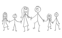 Cartoon Stick Drawing Conceptual Illustration Of Big Family. Parents, Man And Woman And Four Children, Boy And Girl Are Walking While Holding Hands.